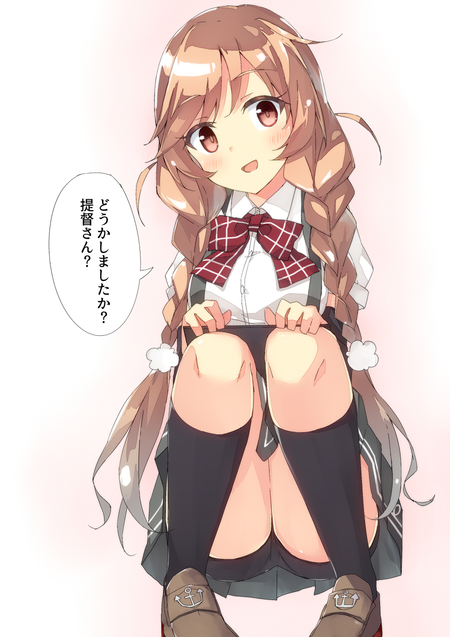 1girl :d anchor_symbol arm_warmers bangs beritabo bike_shorts black_legwear black_shorts blush bow bowtie braid breasts brown_footwear brown_hair cloud_hair_ornament eyebrows_visible_through_hair gradient_hair grey_skirt hair_ornament hands_up head_tilt highres kantai_collection kneehighs knees_up light_brown_hair long_hair looking_at_viewer medium_breasts minegumo_(kantai_collection) multicolored_hair open_mouth pleated_skirt red_bow red_eyes red_neckwear shirt short_shorts short_sleeves shorts shorts_under_skirt simple_background skirt smile solo squatting suspender_skirt suspenders translation_request twin_braids twintails very_long_hair white_shirt