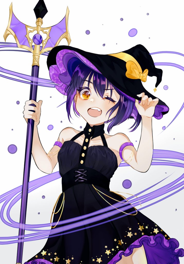 1girl bare_arms bare_shoulders black_dress black_headwear breasts chuunibyou_demo_koi_ga_shitai! collarbone commentary_request dress fang frills hat holding holding_staff looking_at_viewer one_eye_closed purple_dress purple_hair purple_headwear short_hair silvee simple_background small_breasts smile solo staff star_(symbol) star_print takanashi_rikka two-tone_dress white_background witch_hat yellow_eyes