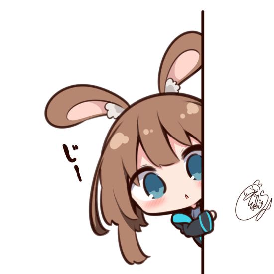 1girl amiya_(arknights) animal_ear_fluff animal_ears arknights bangs beni_shake black_jacket blue_eyes blush brown_hair chibi commentary_request jacket long_hair long_sleeves looking_at_viewer parted_lips peeking_out rabbit_ears signature simple_background solo translation_request white_background