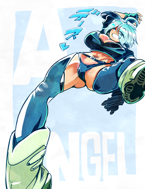 1girl abs angel_(kof) boots bra breasts chaps commentary_request cowboy_boots cropped_jacket fingerless_gloves gloves hair_over_one_eye jacket kemonono_(inchiki_dou) large_breasts leather leather_jacket snk the_king_of_fighters the_king_of_fighters_2001 the_king_of_fighters_xiv underwear