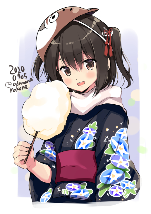 1girl alternate_costume black_hair blush bokukawauso brown_eyes cotton_candy dated eyebrows_visible_through_hair food hair_between_eyes holding holding_food japanese_clothes kantai_collection kimono long_sleeves mask mask_on_head obi odawara_hakone open_mouth sash scarf sendai_(kantai_collection) short_hair smile solo twitter_username two_side_up white_scarf wide_sleeves yukata