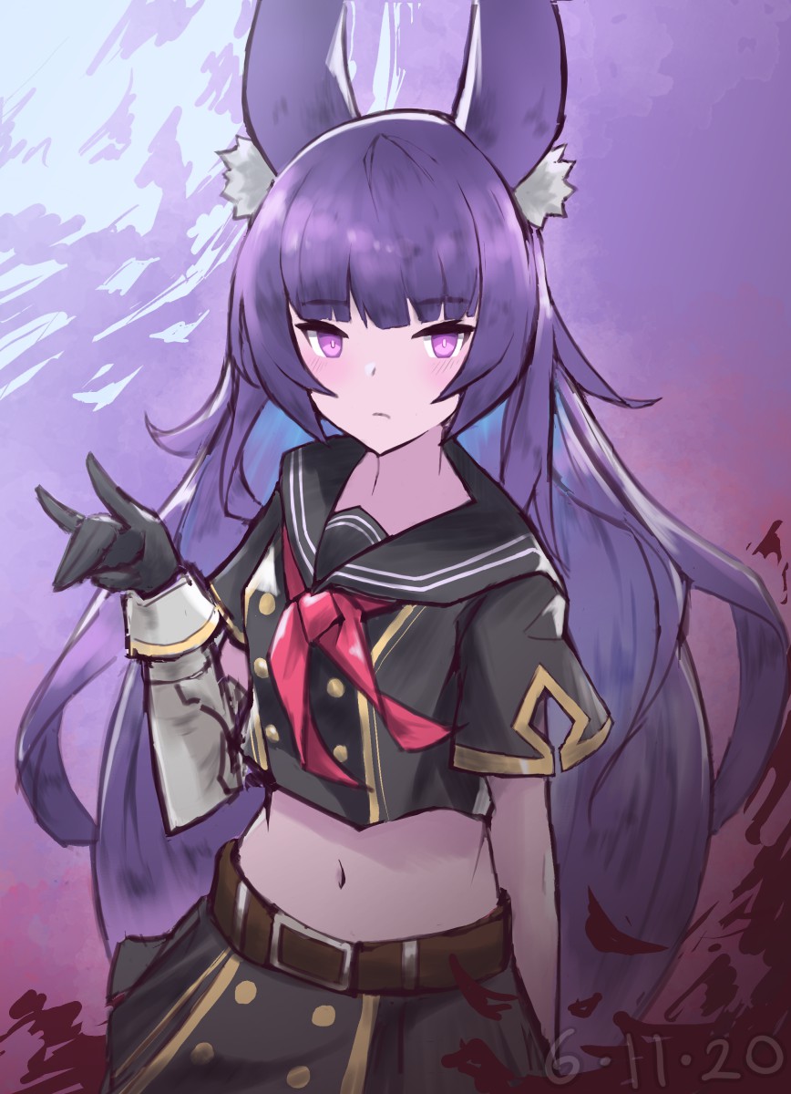 1girl \n/ animal_ear_fluff animal_ears belt black_gloves black_shirt black_skirt buttons closed_mouth commentary crop_top double-breasted dragalia_lost fox_ears gloves gold_trim hand_up highres linnea_(dragalia_lost) long_hair looking_at_viewer midriff miniskirt navel neckerchief punished_pigeon purple_hair sailor_collar school_uniform serafuku shirt short_sleeves skirt solo stomach upper_body vambraces violet_eyes