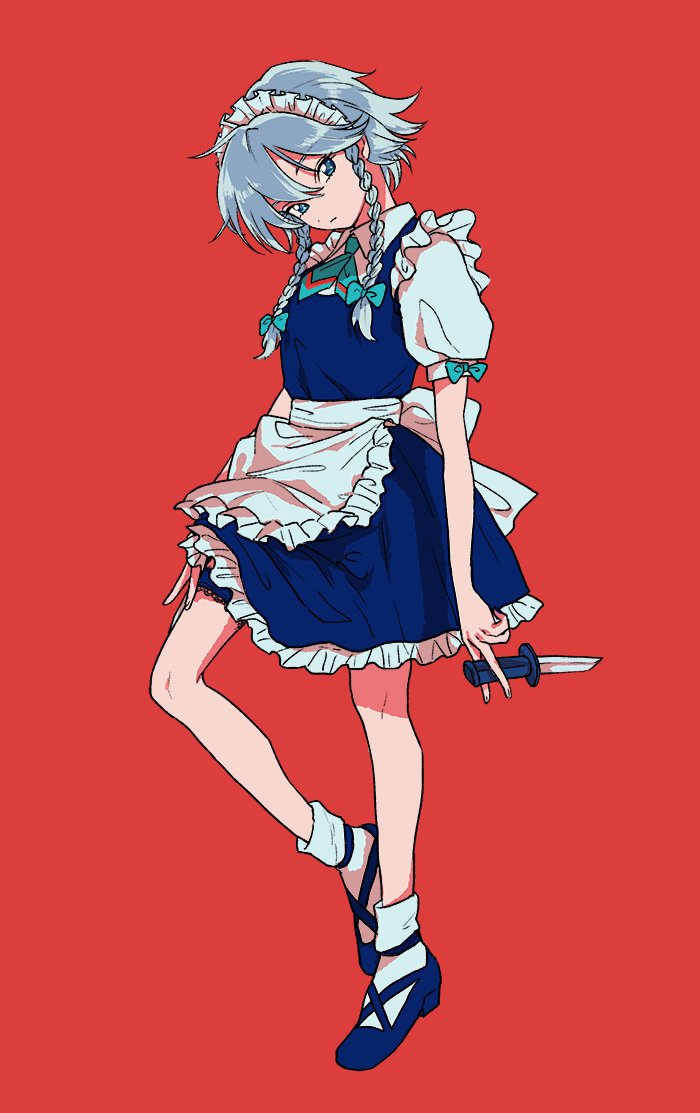 1girl apron bangs between_fingers blue_dress blue_eyes blue_footwear bobby_socks bow braid closed_mouth discowars dress dress_shirt frilled_apron frilled_dress frills full_body green_bow green_neckwear grey_hair hair_between_eyes hair_bow head_tilt izayoi_sakuya looking_at_viewer looking_to_the_side maid_apron maid_headdress puffy_short_sleeves puffy_sleeves red_background sash shirt short_hair short_sleeves silver_hair simple_background socks solo standing standing_on_one_leg touhou twin_braids waist_apron white_apron white_legwear white_sash white_shirt