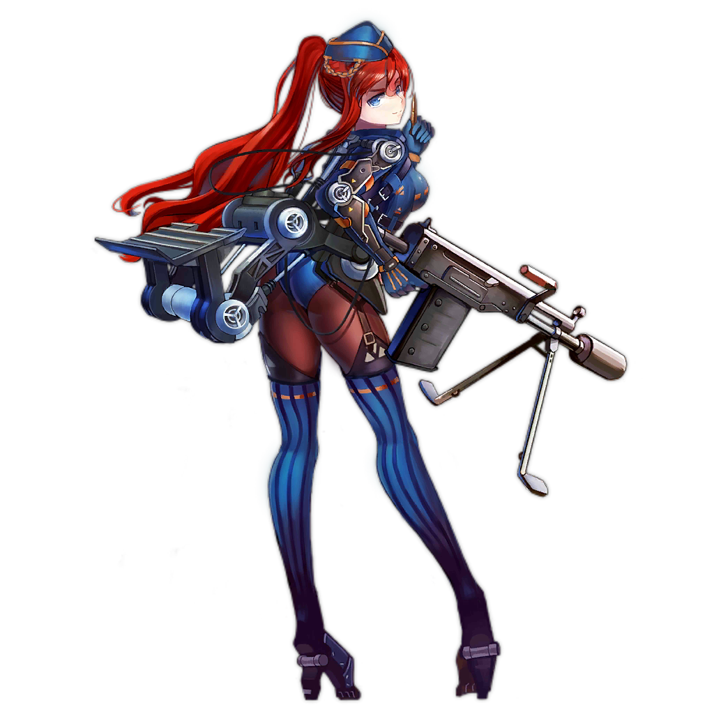 1girl 6p62 6p62_(girls_frontline) arm_up ass bipod blue_bodysuit blue_eyes blue_headwear blue_legwear bodysuit boots breasts bullet closed_mouth exoskeleton full_body garrison_cap girls_frontline gold_trim gun hair_between_eyes hat high_heels holding holding_gun holding_shell holding_weapon long_hair mechanical_parts official_art pantyhose pouch redhead sidelocks smile solo standing striped striped_legwear suppressor thigh-highs thigh_boots transparent_background trigger_discipline weapon yu_zhong