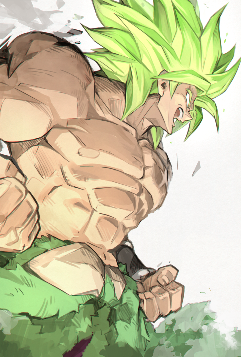 2boys abs bara broly_(dragon_ball_super) chest clenched_hand dragon_ball dragon_ball_super dragon_ball_super_broly evil_smile fingernails frown glowing glowing_hair green_hair highres male_focus multiple_boys muscle nipples no_pupils open_mouth profile shirtless smile spiky_hair super_saiyan super_saiyan_full_power yunar