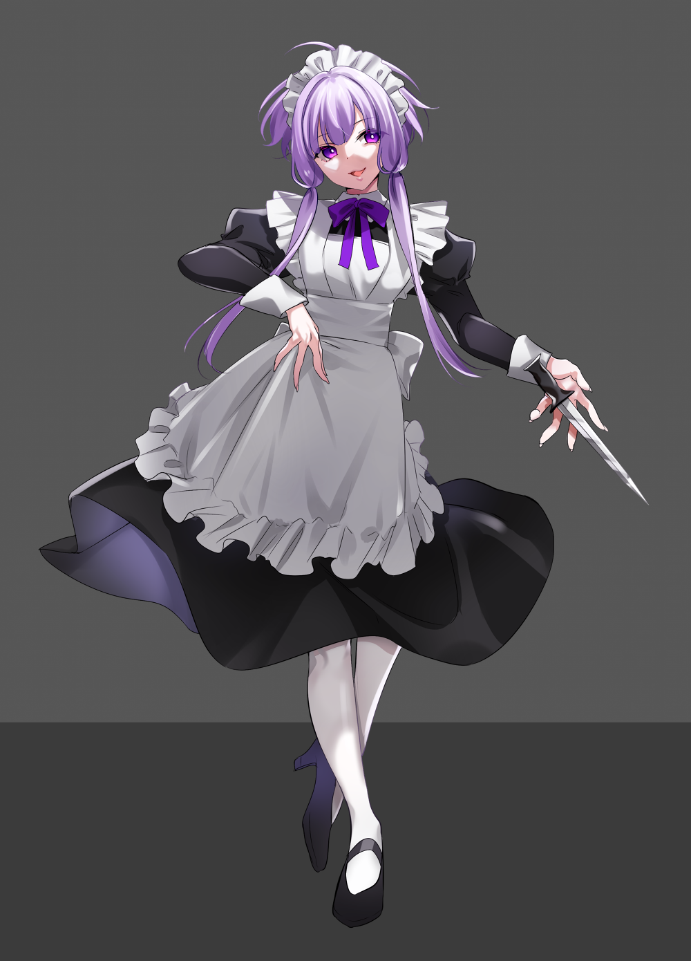 1girl :d ahoge alternate_costume apron bangs black_footwear bright_pupils dagger enmaided eyebrows_visible_through_hair frilled_apron frills full_body greyscale head_tilt high_heels highres holding holding_weapon juliet_sleeves long_sleeves looking_at_viewer maid maid_headdress monochrome neck_ribbon open_mouth pantyhose puffy_sleeves purple_hair purple_neckwear purple_ribbon ribbon short_hair_with_long_locks sidelocks smile solo standing violet_eyes vocaloid voiceroid weapon white_apron white_legwear yodare_(3yami8) yuzuki_yukari