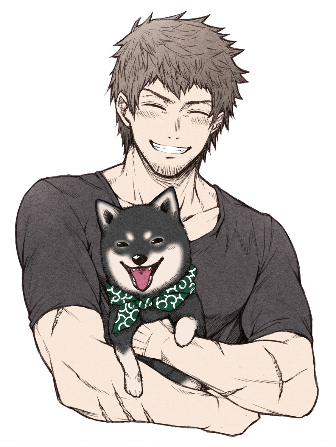 1boy ardbert_(ff14) arm_scar bangs bara beard blush brown_hair chest closed_eyes cropped_torso dog facial_hair facing_viewer final_fantasy final_fantasy_xiv highres holding_dog male_focus manly muscle open_mouth pectorals scar shiny shiny_hair stubble upper_body white_background zanki