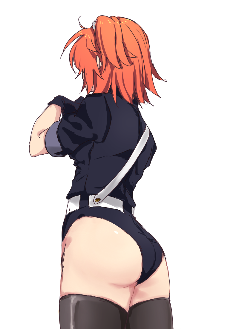 1girl ass belt black_gloves black_legwear black_leotard fate/grand_order fate_(series) from_behind fujimaru_ritsuka_(female) gloves leotard medium_hair nm222 orange_hair shiny shiny_hair short_sleeves side_ponytail simple_background solo thigh-highs white_background