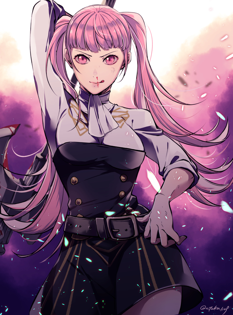 1girl arm_up ataka_takeru axe belt blood closed_mouth fire_emblem fire_emblem:_three_houses fire_emblem:_three_houses fire_emblem_16 garreg_mach_monastery_uniform hilda_valentine_goneril holding holding_axe intelligent_systems licking_lips long_hair nintendo nosebleed pink_eyes pink_hair solo tongue tongue_out twintails twitter_username uniform weapon yandere