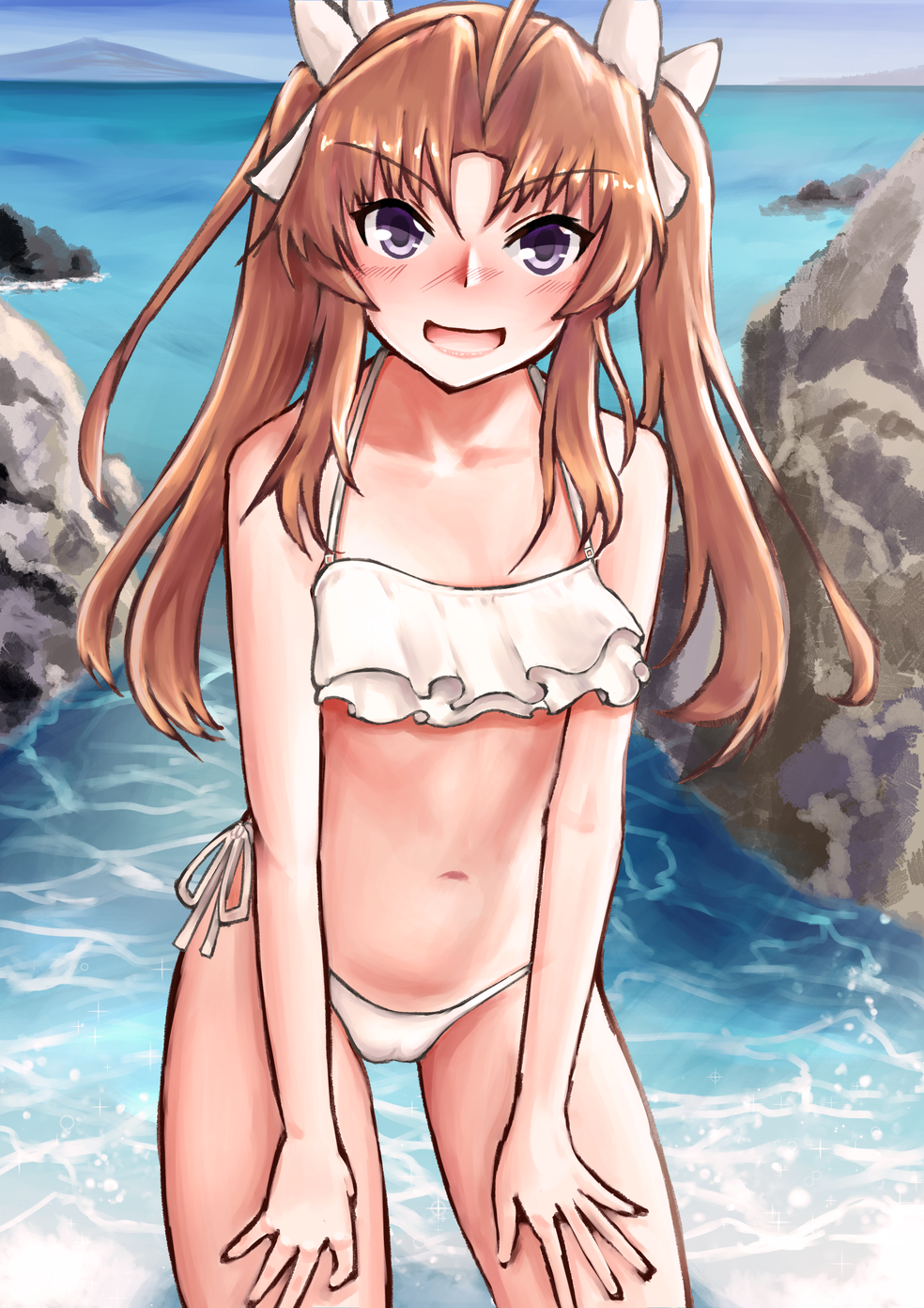 1girl ahoge bikini blue_sky brown_hair commentary_request cowboy_shot day frilled_bikini frills hands_on_own_thighs highres kagerou_(kantai_collection) kantai_collection leaning_forward long_hair looking_at_viewer ocean open_mouth outdoors owada_(kousonhuchi) rock side-tie_bikini sky smile soaking_feet solo standing swimsuit twintails violet_eyes water white_bikini