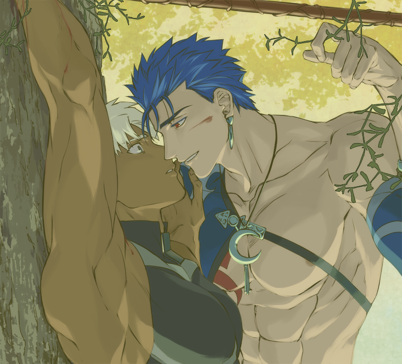 2boys abs archer armor automney bangs bara bare_shoulders blood blood_on_face blue_hair bound bound_wrists brown_eyes chest cu_chulainn_(fate)_(all) dark_skin dark_skinned_male earrings fate/stay_night fate_(series) from_side gae_bolg imminent_kiss jewelry lancer looking_at_viewer male_focus manly moon_necklace multiple_boys muscle necklace open_mouth polearm red_eyes shiny shiny_hair sleeveless smile spear tattoo toned toned_male tree upper_body weapon white_hair yaoi