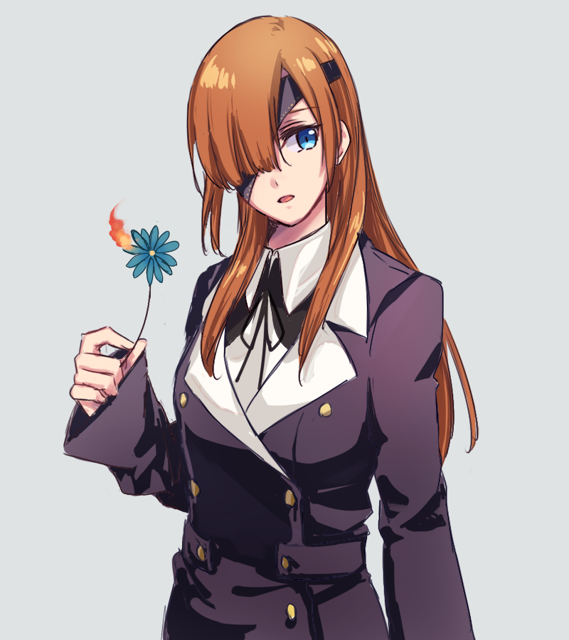 1girl black_jacket blue_eyes blue_flower brown_hair eyepatch fate/grand_order fate_(series) fire floating_hair flower grey_background hair_over_one_eye head_tilt holding holding_flower jacket long_hair long_sleeves looking_at_viewer nm222 open_mouth ophelia_phamrsolone shiny shiny_hair simple_background solo standing upper_body very_long_hair