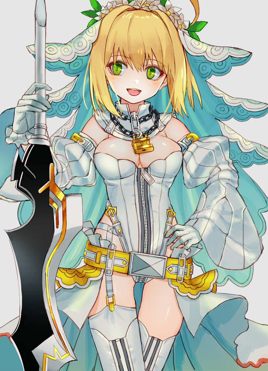 1girl :d ahoge blonde_hair breasts chain_necklace cowboy_shot crossed_legs detached_collar detached_sleeves fate/grand_order fate_(series) garter_straps gloves green_eyes hand_on_hilt hand_on_hip hand_up highres holding holding_sword holding_weapon jewelry juliet_sleeves leotard long_sleeves looking_to_the_side luicent medium_breasts medium_hair necklace nero_claudius_(bride)_(fate) nero_claudius_(fate) open_mouth padlocked_collar puffy_sleeves simple_background smile solo standing strapless strapless_leotard sword thigh-highs thigh_gap veil watson_cross weapon white_background white_gloves white_legwear white_leotard