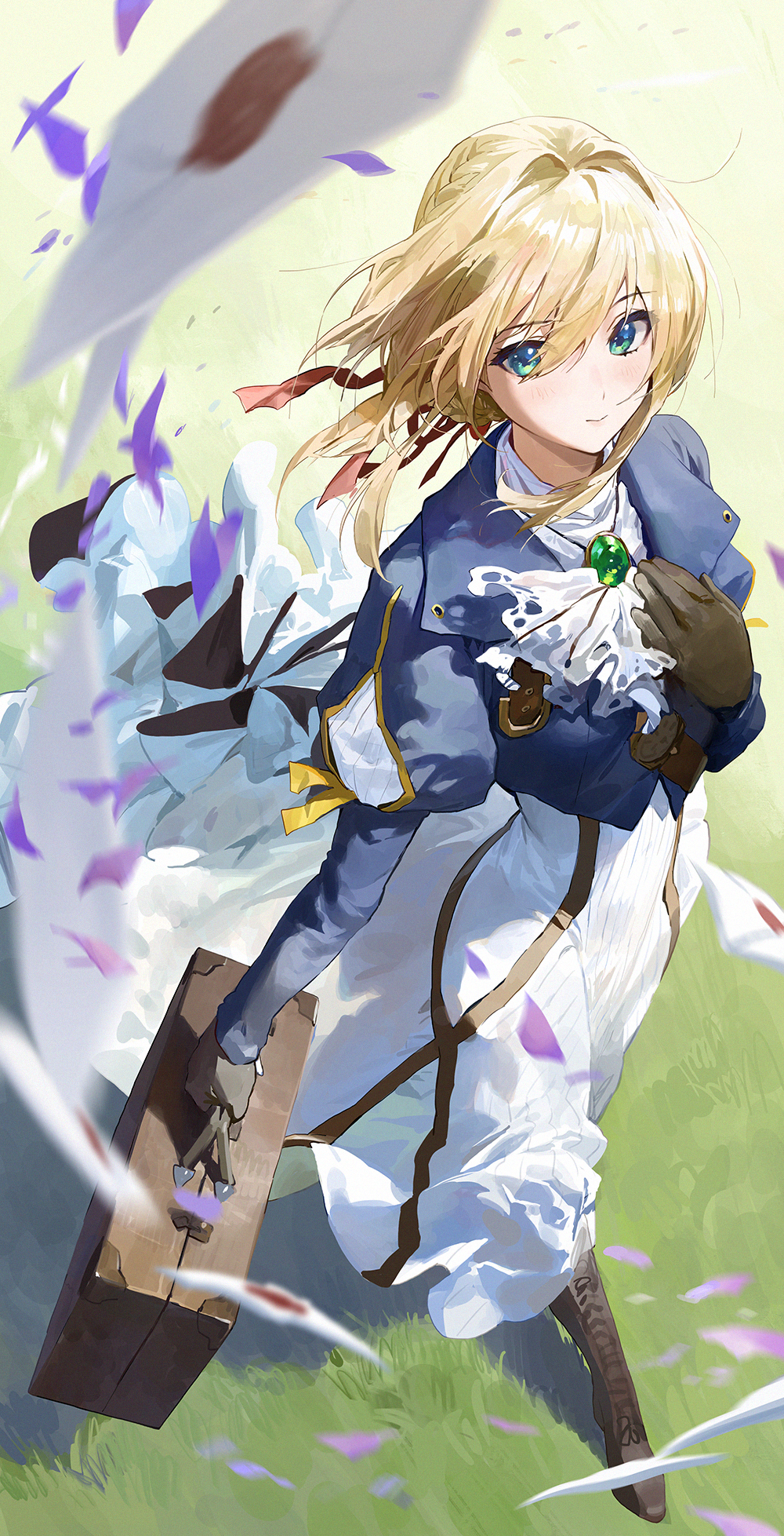 1girl bangs blonde_hair blue_eyes blue_jacket brooch brown_footwear brown_gloves closed_mouth falling_petals from_above gloves grass hair_between_eyes hair_intakes hand_on_own_chest highres jacket jewelry looking_at_viewer mossi outdoors red_ribbon ribbon sidelocks skirt smile suitcase violet_evergarden violet_evergarden_(character) walking white_neckwear white_skirt