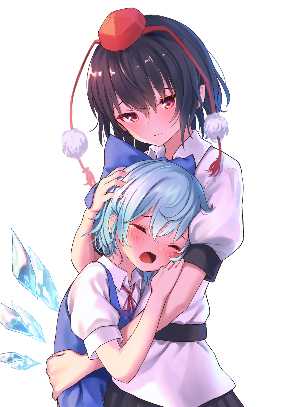 2girls bangs black_hair blue_bow blue_dress blue_hair blush bow cirno closed_eyes closed_mouth collared_shirt commentary_request crying detached_wings dress hair_bow hand_on_another's_head hat height_difference highres hug ice ice_wings multiple_girls neck_ribbon open_mouth pinafore_dress pointy_ears pom_pom_(clothes) puffy_short_sleeves puffy_sleeves red_eyes red_headwear red_neckwear red_ribbon ribbon roke_(taikodon) shameimaru_aya shirt short_sleeves simple_background tassel tears tokin_hat touhou upper_body white_background white_shirt wings