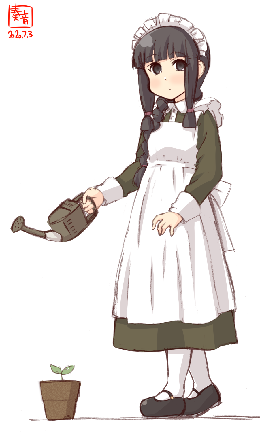 1girl alternate_costume apron artist_logo bangs black_dress black_eyes black_hair blunt_bangs braid commentary_request dated dress enmaided frilled_apron frilled_dress frills full_body hair_ribbon highres kanon_(kurogane_knights) kantai_collection kitakami_(kantai_collection) long_hair looking_at_viewer maid maid_headdress mary_janes plant potted_plant ribbon shoes sidelocks simple_background solo standing tress_ribbon watering_can white_apron white_background white_legwear