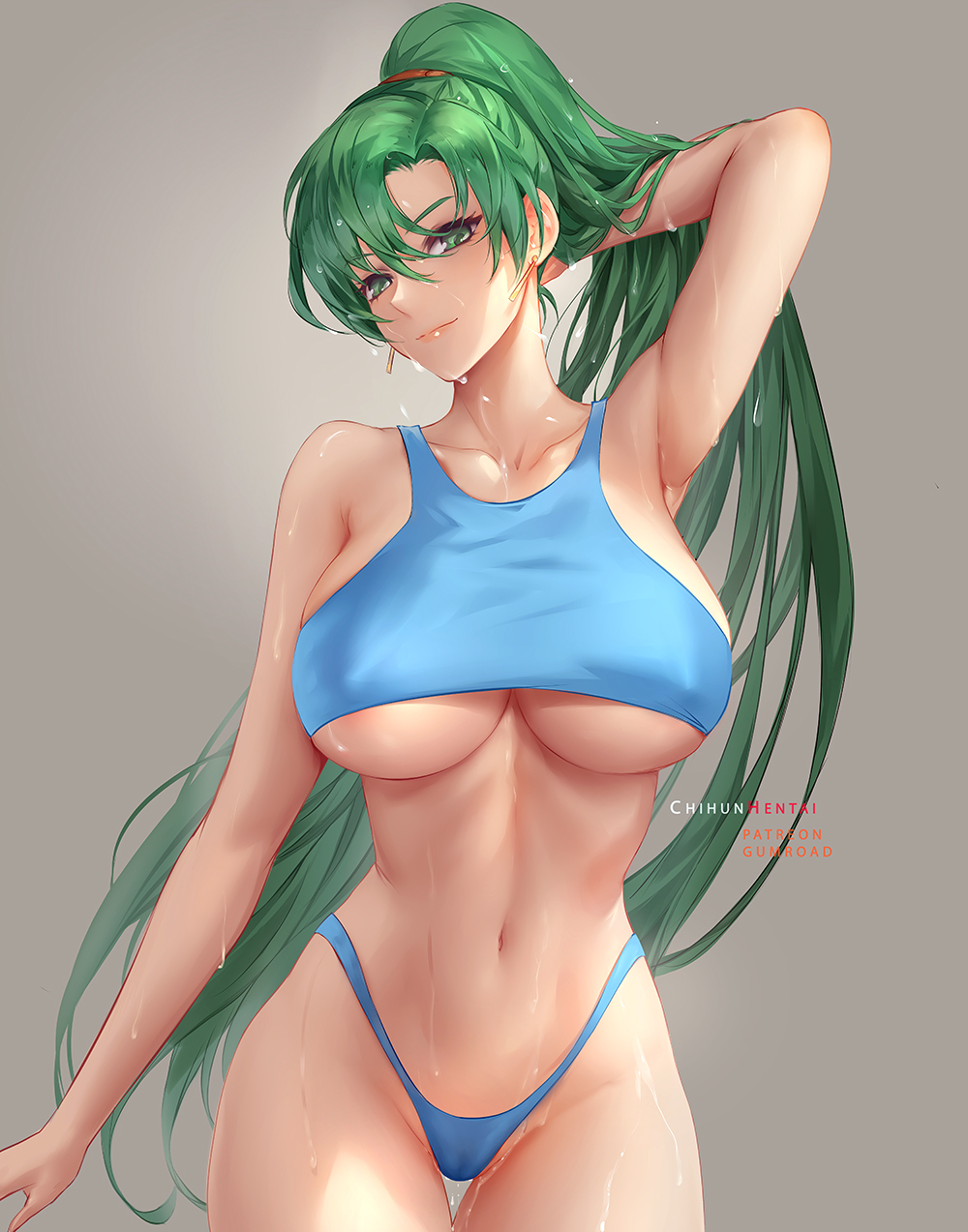 1girl alternate_breast_size arm_at_side arm_behind_head arm_up armpits artist_name bangs bare_hips bikini blue_bikini breasts chihunhentai closed_mouth collarbone covered_nipples cowboy_shot fire_emblem fire_emblem:_the_blazing_blade green_eyes green_hair grey_background hair_between_eyes head_tilt high_ponytail highres large_breasts long_hair looking_at_viewer lyn_(fire_emblem) navel pink_lips simple_background smile solo stomach swimsuit thigh_gap under_boob very_long_hair water wet