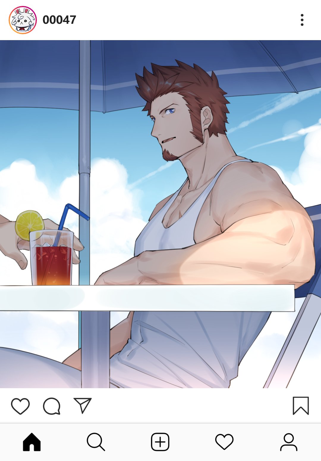 1boy 1other 47 arm_rest bara bare_shoulders beard biceps blue_eyes brown_hair chair chest chest_scar clouds cloudy_sky covered_navel cup day drinking_glass drinking_straw facial_hair fate/grand_order fate_(series) food from_side fruit highres ice juice lemon lemon_slice looking_at_viewer male_focus manly muscle napoleon_bonaparte_(fate/grand_order) open_mouth outdoors pants pectorals revealing_clothes scar shadow shiny sitting sky solo_focus summer sunlight table tank_top tight tight_pants umbrella under_umbrella upper_body white_tank_top