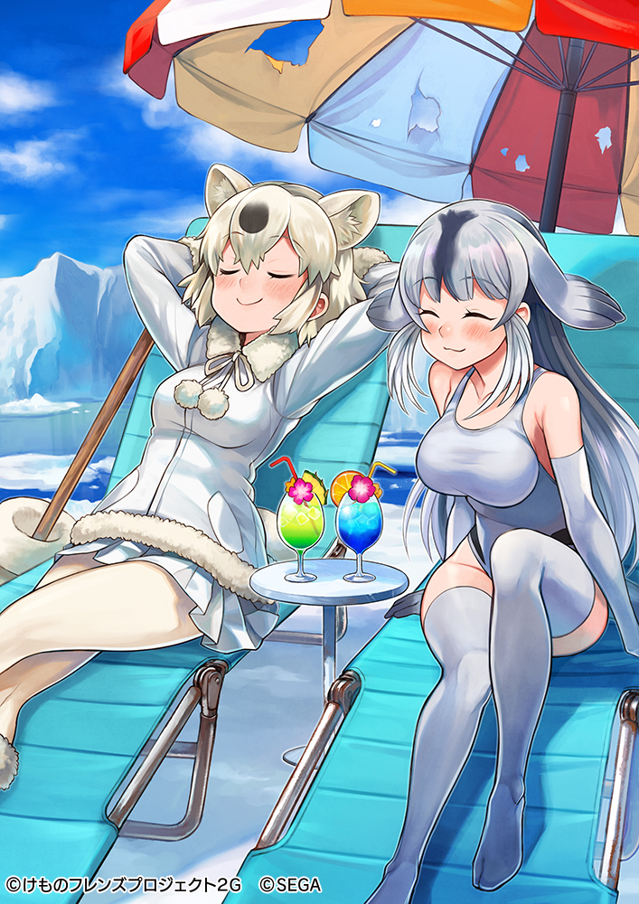 animal_ear_fluff animal_ears animal_print arms_behind_head arms_up bangs bare_shoulders beach_umbrella bear_ears bear_girl bear_print bearded_seal_(kemono_friends) bendy_straw blush breasts brown_legwear chair closed_eyes closed_mouth commentary_request crossed_legs cup damaged day drinking_glass drinking_straw elbow_gloves eyebrows_visible_through_hair flower fur-trimmed_jacket fur-trimmed_sleeves fur_trim gloves grey_hair iceberg jacket kemono_friends kemono_friends_3 long_sleeves lounge_chair medium_breasts multicolored_hair no_shoes official_art one-piece_swimsuit outdoors pantyhose pleated_skirt polar_bear_(kemono_friends) purple_flower silver_hair sitting skirt smile swimsuit thigh-highs tropical_drink two-tone_hair umbrella water watermark white_gloves white_jacket white_legwear white_skirt white_swimsuit yuko_(uc_yuk)