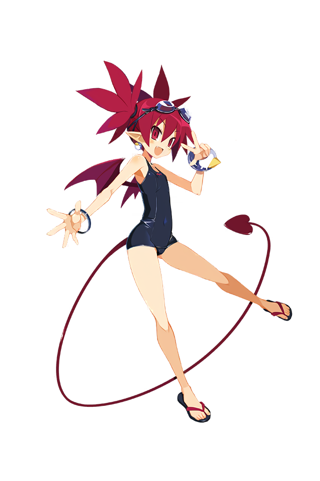 1girl bracelet demon_girl demon_tail demon_wings disgaea disgaea_rpg earrings etna fang full_body goggles goggles_on_head jewelry official_art open_hand open_mouth pointy_ears red_eyes redhead sandals school_swimsuit solo swimsuit tail transparent_background twintails w wings