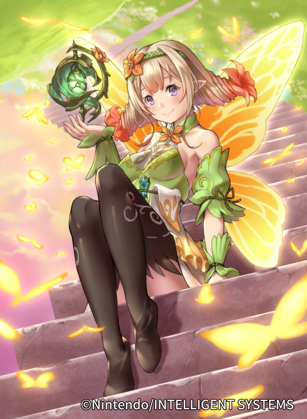 1girl blonde_hair bug butterfly closed_mouth company_name copyright_name fairy_wings fire_emblem fire_emblem_cipher fire_emblem_heroes full_body gradient_hair hairband i-la insect multicolored_hair official_art peony_(fire_emblem) pointy_ears sitting smile solo stairs violet_eyes wings