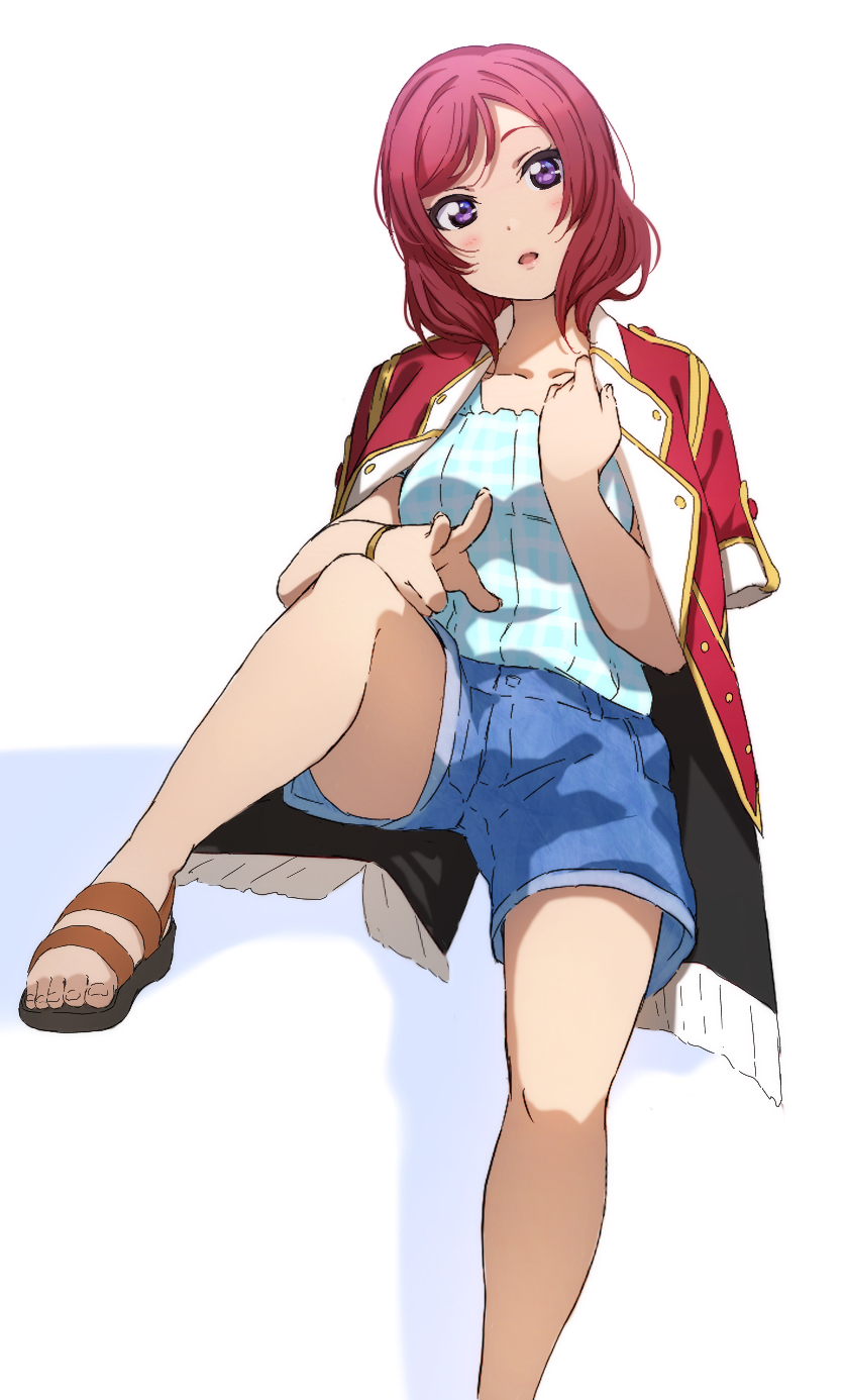 1girl :o blue_shirt blue_shorts bokura_no_live_kimi_to_no_life bracelet collarbone denim denim_shorts hand_on_own_chest highres icehotmilktea invisible_chair jacket jacket_on_shoulders jewelry knee_up looking_at_viewer love_live! love_live!_school_idol_project nishikino_maki red_jacket redhead sandals shirt short_hair short_sleeves shorts sitting toes violet_eyes