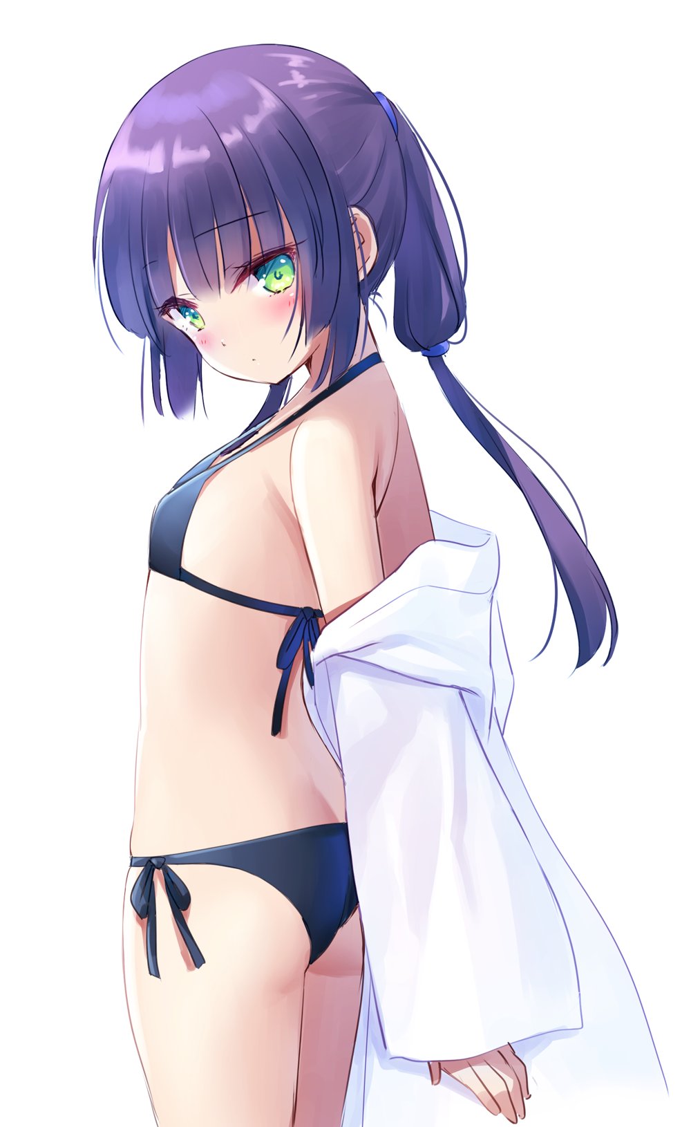 1girl bikini black_bikini commentary_request cowboy_shot flat_chest green_eyes highres hood hooded_jacket hoodie jacket long_hair looking_at_viewer na-ga original ponytail purple_hair side-tie_bikini simple_background solo standing swimsuit white_background white_jacket