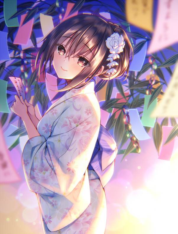 1girl bangs blurry blurry_foreground blush brown_hair closed_mouth commentary_request depth_of_field eyebrows_visible_through_hair floral_print flower hair_between_eyes hair_flower hair_ornament holding japanese_clothes kimono long_sleeves looking_at_viewer looking_to_the_side original ponytail print_kimono sidelocks smile solo sorai_shin'ya tanabata tanzaku unmoving_pattern white_flower white_kimono wide_sleeves yukata