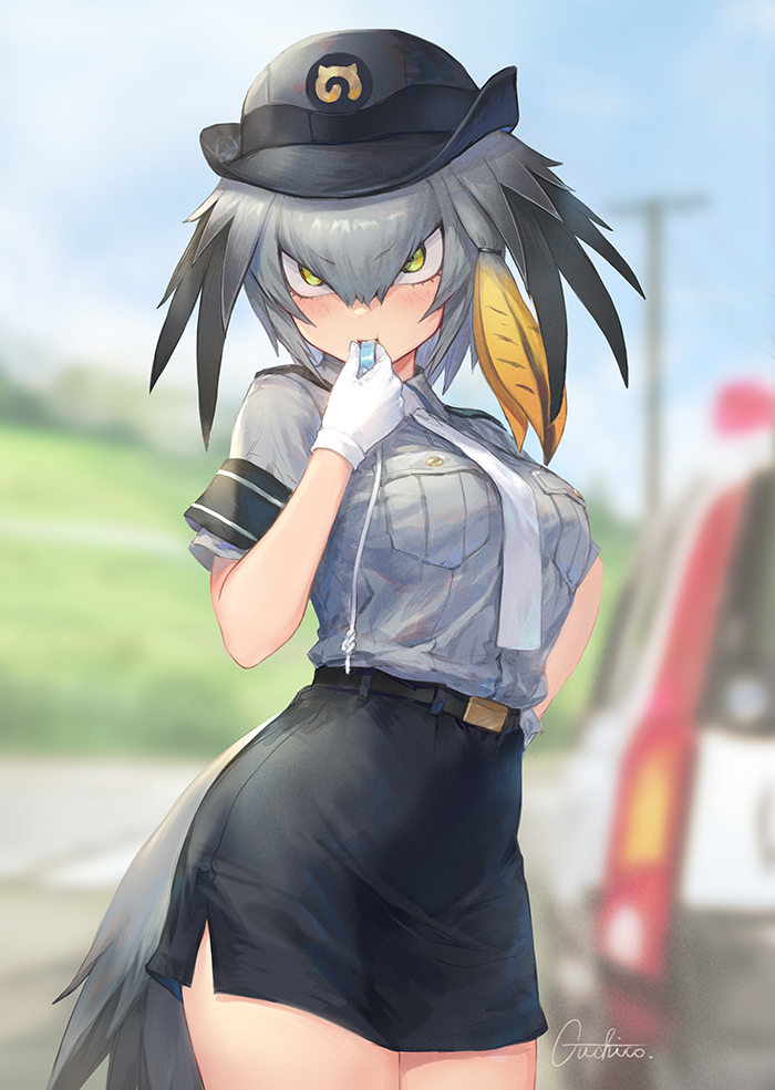 1girl alternate_costume artist_name belt bird_tail bird_wings black_skirt blonde_hair blowing_whistle blush eyebrows_visible_through_hair gloves green_eyes grey_hair guchico hair_tie hat head_wings japari_symbol kemono_friends multicolored_hair necktie pencil_skirt police police_hat police_uniform shoebill_(kemono_friends) short_hair short_sleeves signature skirt solo straddling uniform whistle white_gloves white_neckwear wings