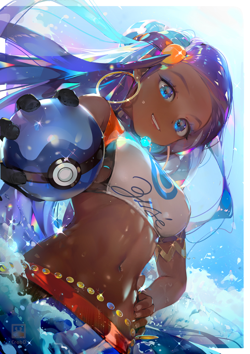 1girl aqua_hair armband armlet artist_logo black_gloves blue_eyes blue_hair blue_sky breasts commentary cowboy_shot crop_top dahl-lange dark_skin day dive_ball dutch_angle earrings eyelashes eyeshadow glint gloves grin hair_bobbles hair_ornament hand_on_hip holding holding_poke_ball hoop_earrings jewelry lips lipstick long_hair looking_at_viewer makeup medium_breasts midriff multicolored_hair navel outdoors poke_ball pokemon pokemon_(game) pokemon_swsh rurina_(pokemon) single_glove sky sleeveless smile solo straight_hair two-tone_hair water