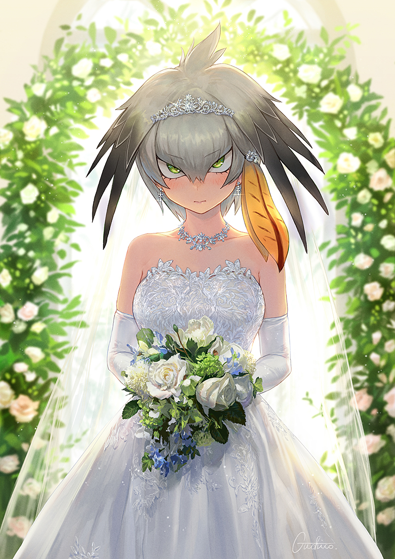 1girl alternate_costume bangs bare_shoulders blurry blurry_background blush bouquet bridal_veil bride dress earrings elbow_gloves eyebrows_visible_through_hair flower gloves green_eyes grey_hair guchico hair_between_eyes hair_ornament hairclip head_wings holding holding_bouquet japari_symbol jewelry kemono_friends looking_at_viewer multicolored_hair necklace orange_hair shoebill_(kemono_friends) short_hair signature single_sidelock solo strapless tiara tsurime two-tone_hair v-shaped_eyebrows veil wedding_dress white_dress white_gloves