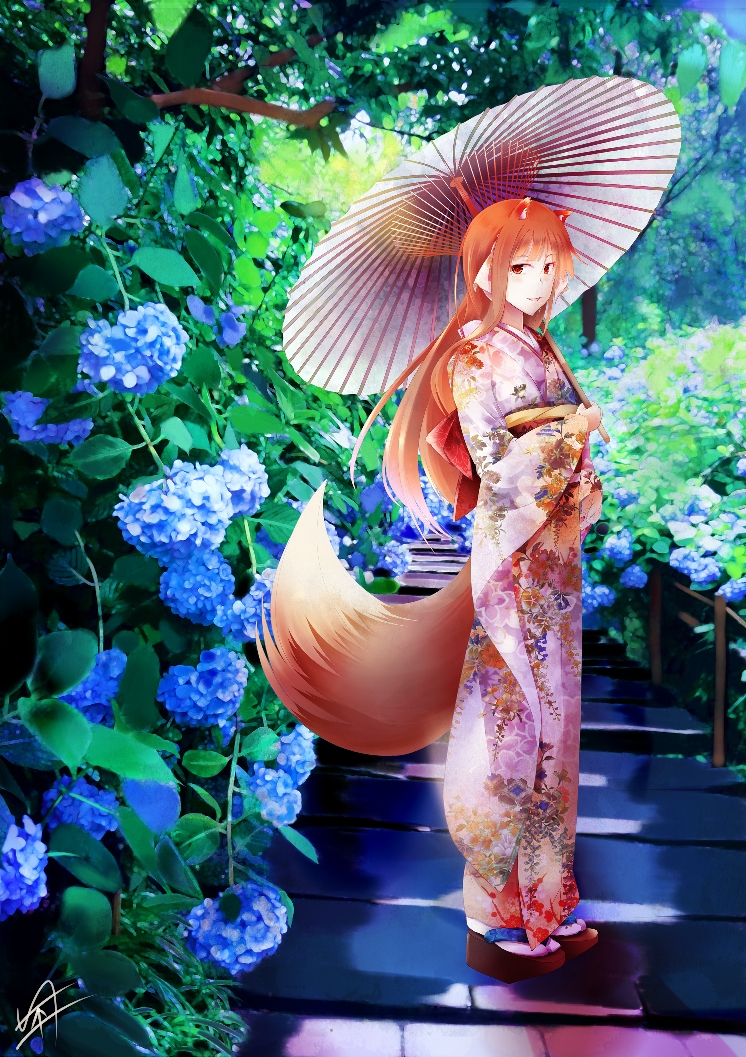 1girl alternate_costume animal_ear_fluff animal_ears back_bow bangs blue_flower bow brown_hair flower fudo_shin full_body grin holding holding_umbrella holo japanese_clothes kimono long_hair looking_at_viewer oriental_umbrella print_kimono red_bow red_eyes signature smile solo spice_and_wolf standing straight_hair tabi tail umbrella white_legwear white_umbrella wolf_ears wolf_tail