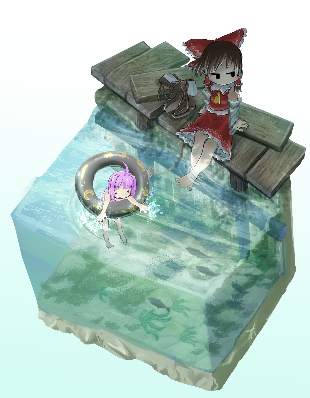 2girls ahoge arms_at_sides ascot barefoot boots bow brown_hair chamaji commentary_request detached_sleeves dock fish frilled_bow frilled_skirt frills hair_tubes hakurei_reimu highres innertube isometric jitome log looking_to_the_side multiple_girls nontraditional_miko outdoors pink_swimsuit plank purple_hair rope seaweed see-through shoes_removed short_hair sitting skirt skirt_set socks socks_removed splashing sukuna_shinmyoumaru swimsuit touhou water