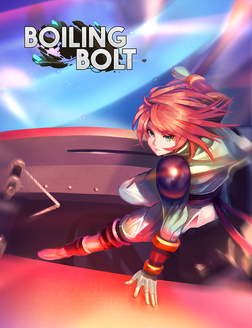 1girl boiling_bolt copyright_name ctiahao dynamic_pose english_commentary floating_hair green_eyes jumping june_(boiling_bolt) logo looking_at_viewer motion_blur redhead