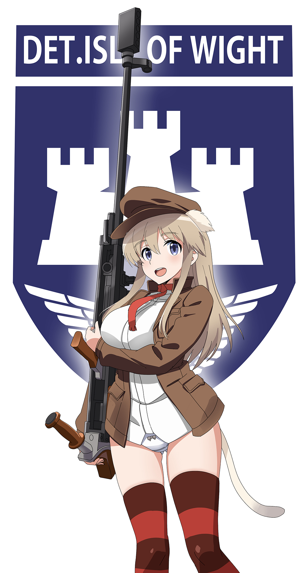 1girl animal_ears ass_visible_through_thighs bangs blue_eyes bow bow_panties boys_anti_tank_rifle brown_headwear brown_jacket cat_tail commentary cowboy_shot crotch_seam eyebrows_visible_through_hair flat_cap gun hat highres holding holding_gun holding_weapon isle_of_wight_detachment_group_(emblem) jacket kaneko_(novram58) light_brown_hair long_hair long_sleeves looking_at_viewer necktie no_pants open_mouth panties red_legwear red_neckwear shirt smile solo standing strike_witches striped striped_legwear tail thigh-highs underwear weapon white_shirt wilma_bishop world_witches_series