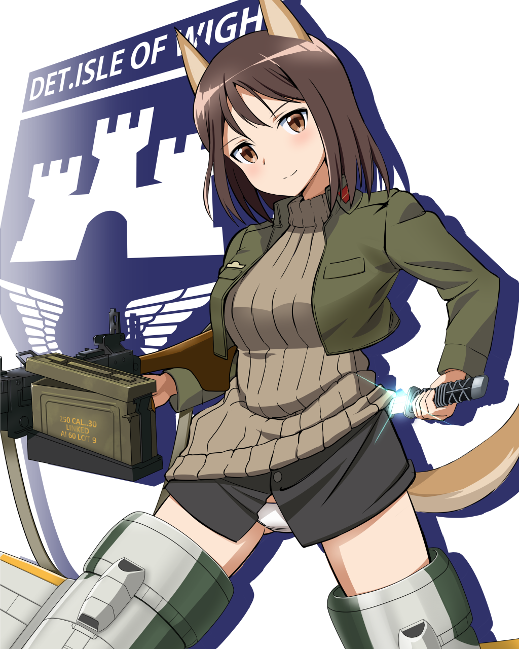 1girl ammo_box animal_ears bangs black_shirt brown_eyes brown_hair brown_sweater closed_mouth commentary_request cropped_jacket crotch_seam diffraction_spikes dog_ears dog_tail drawing_sword emblem floating green_jacket gun head_tilt highres holding holding_gun holding_sword holding_weapon isle_of_wight_detachment_group_(emblem) jacket kadomaru_misa kaneko_(novram58) long_sleeves looking_at_viewer medium_hair no_pants panties partial_commentary ribbed_sweater shirt silhouette smile solo strike_witches striker_unit sweater sword tail turtleneck turtleneck_sweater underwear weapon white_panties world_witches_series