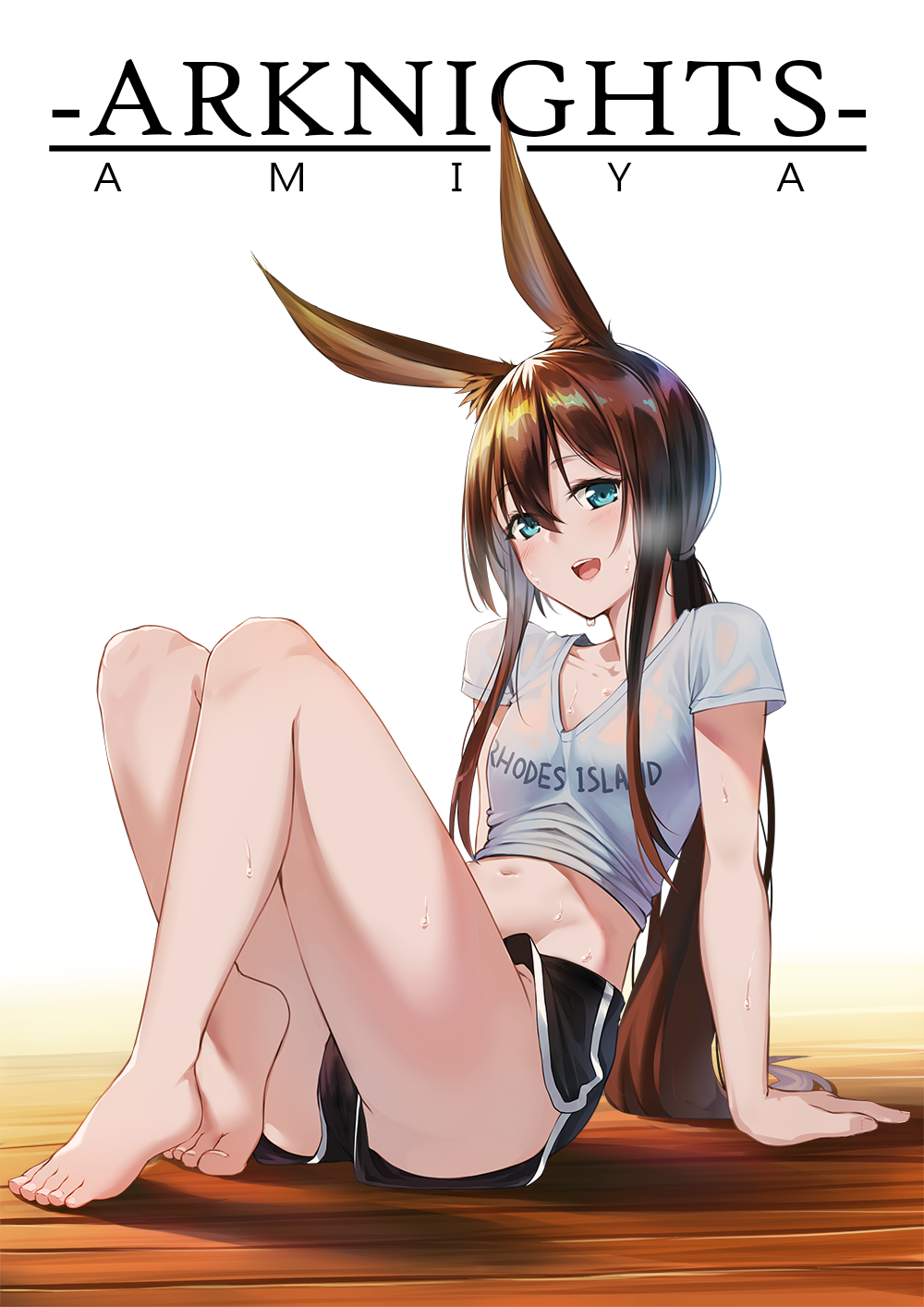 1girl :d amiya_(arknights) animal_ear_fluff animal_ears arknights arm_support barefoot bishi_(bishi) black_shorts blue_eyes blush breath brown_hair character_name clothes_writing copyright_name eyebrows_visible_through_hair feet hair_between_eyes heavy_breathing highres legs long_hair looking_at_viewer low_ponytail navel no_panties on_floor open_mouth rabbit_ears shirt shirt_lift short_shorts shorts sitting smile solo sweat t-shirt thighs toes very_long_hair wet wet_clothes white_shirt wooden_floor