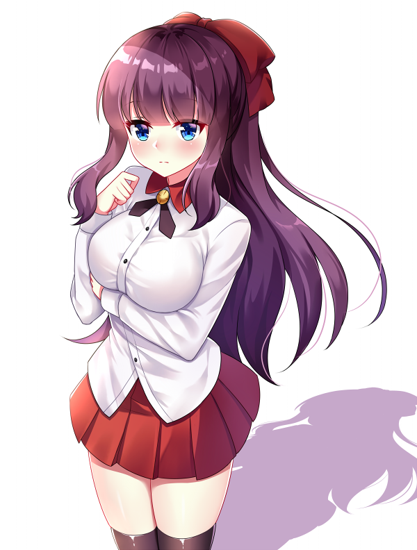 1girl akuma_(ogino-m) bangs black_legwear black_ribbon blue_eyes bow breasts brown_hair collared_shirt cowboy_shot dress_shirt eyebrows_visible_through_hair floating_hair hair_between_eyes hair_bow large_breasts long_hair long_sleeves medium_breasts miniskirt neck_ribbon new_game! pleated_skirt red_bow red_skirt ribbon shadow shiny shiny_hair shiny_legwear shirt simple_background skirt solo standing takimoto_hifumi thigh-highs very_long_hair white_background white_shirt wing_collar zettai_ryouiki