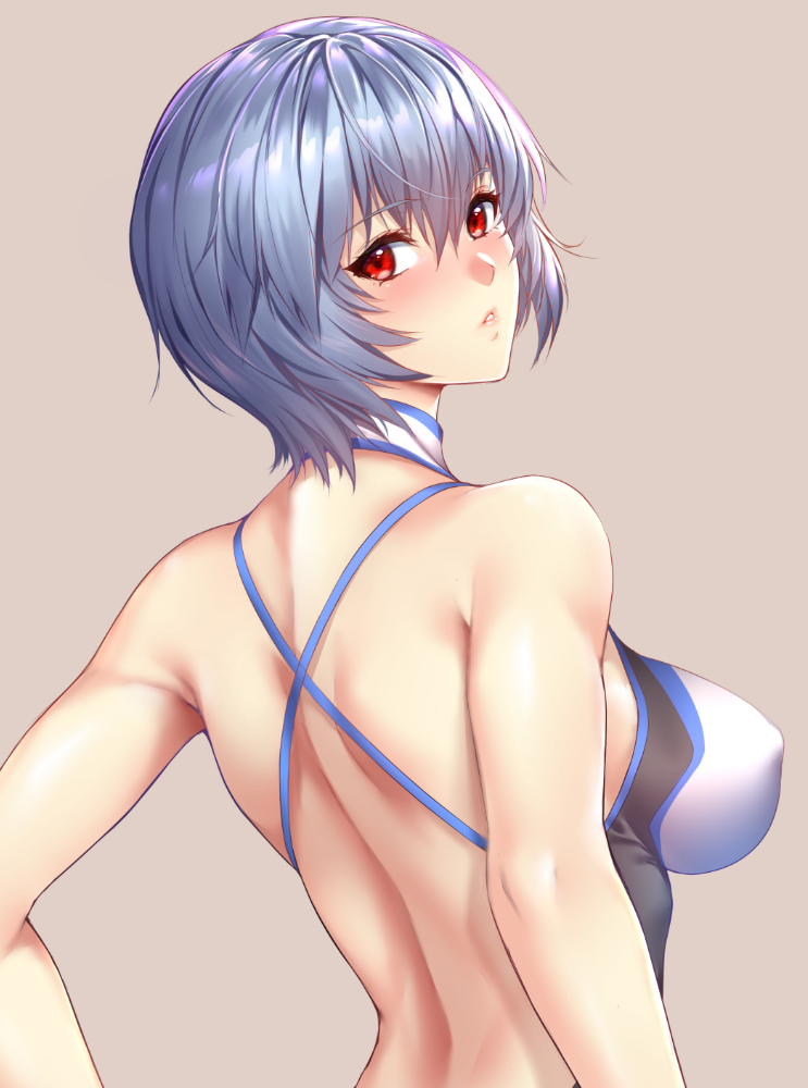1girl ayanami_rei bangs bare_arms bare_shoulders blue_hair blush breasts commentary covered_nipples eyebrows_visible_through_hair from_behind grey_background halterneck lips looking_at_viewer looking_back medium_breasts neon_genesis_evangelion parted_lips rebuild_of_evangelion red_eyes shiny shiny_hair short_hair simple_background solo swimsuit upper_body zucchini