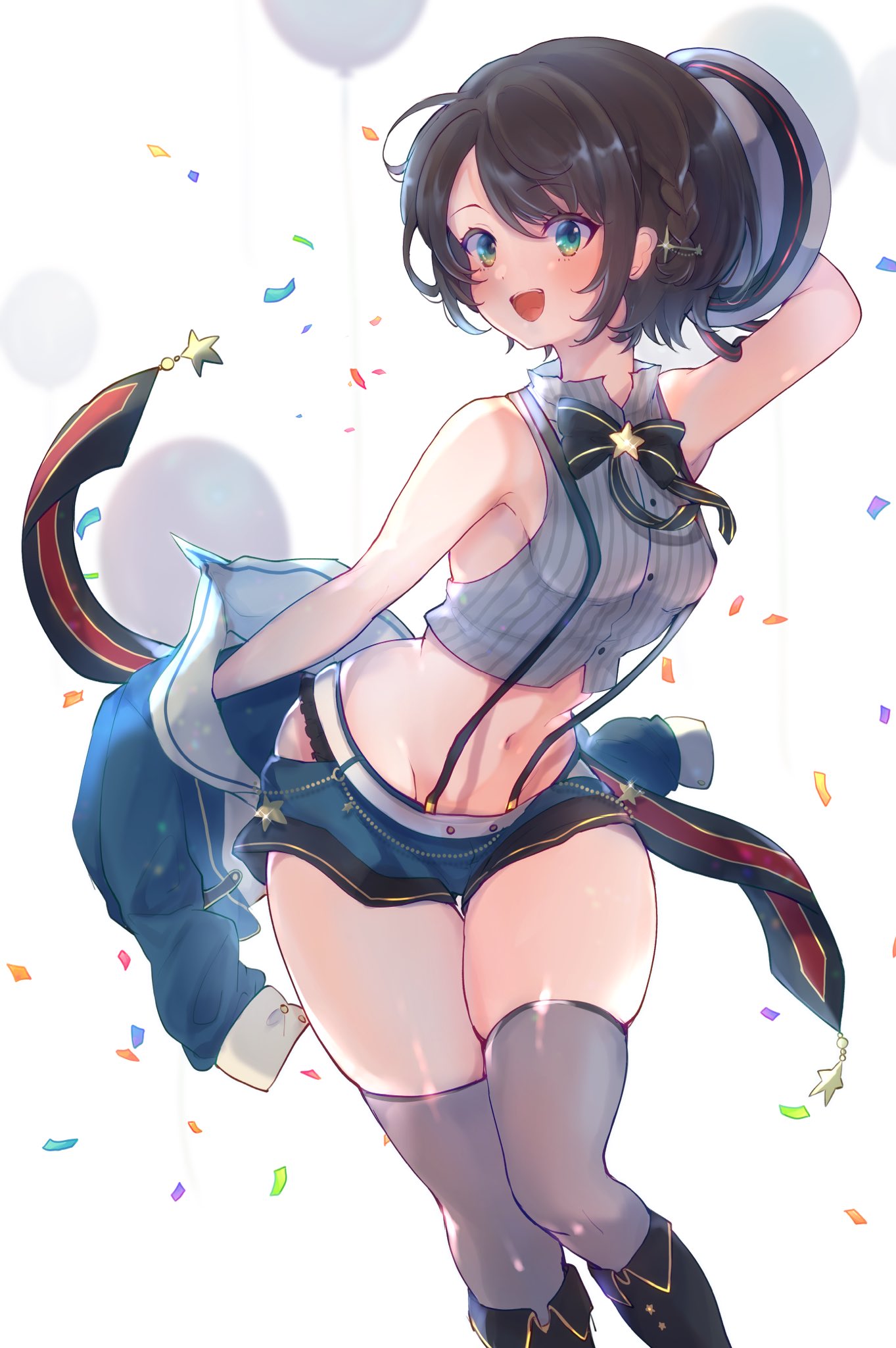 1girl bangs black_hair blue_eyes blue_jacket blue_sky blush braid breasts confetti crop_top highres hololive jacket looking_at_viewer navel oimo_0imo oozora_subaru open_mouth short_hair shorts simple_background sky sleeveless smile solo suspender_shorts suspenders thigh-highs thigh_gap thighs virtual_youtuber white_background white_headwear
