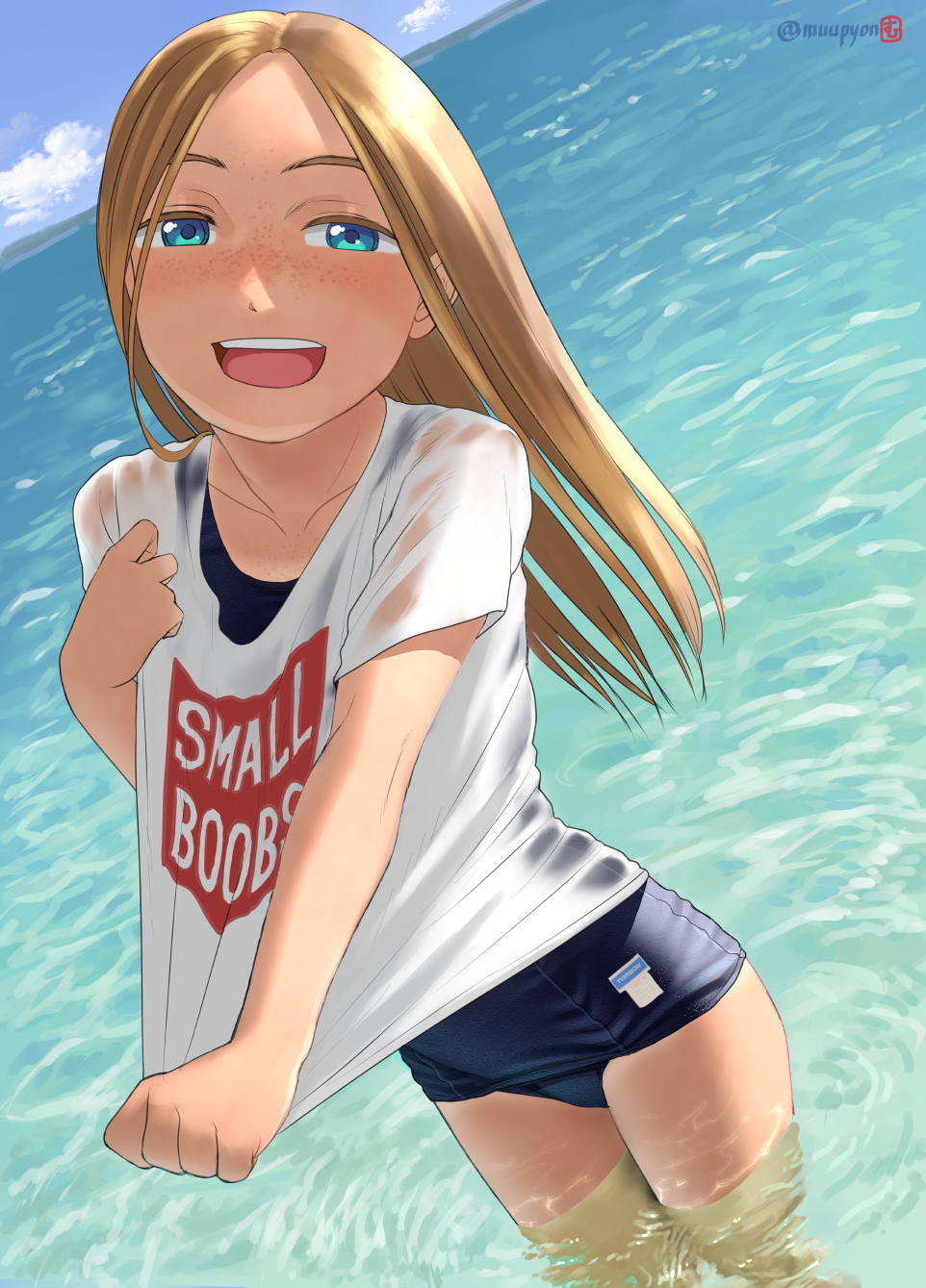1girl bangs beach blonde_hair blue_eyes blush clouds collarbone flat_chest freckles highres long_hair looking_at_viewer mu-pyon ocean old_school_swimsuit original outdoors parted_bangs partially_submerged school_swimsuit shirt shirt_tug sky smile solo swimsuit tan tanline translucent_shirt twitter_username upper_teeth water wet wet_clothes wet_shirt white_shirt