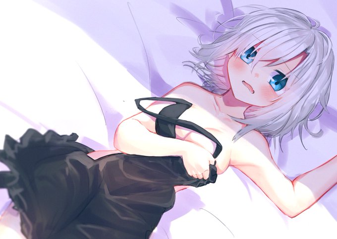 1girl ars_almal bangs bare_arms bare_shoulders bed_sheet black_dress blue_eyes blush breasts clothes_in_front collarbone covering daifukumochi_(akaaokiiwo) dress dress_removed dutch_angle eyebrows_visible_through_hair frilled_dress frills hair_between_eyes lying medium_breasts nijisanji nude_cover on_back parted_lips silver_hair sleeveless sleeveless_dress solo virtual_youtuber wavy_mouth