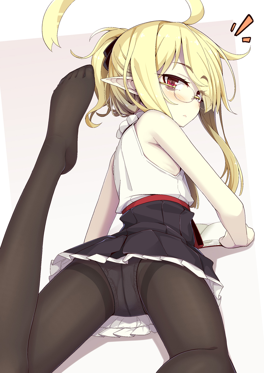 1girl ahoge airi_(ogami_kazuki) bags_under_eyes bare_arms bare_shoulders black_legwear black_skirt blonde_hair blush book closed_mouth commentary_request glasses grey_background highres leg_up long_hair looking_at_viewer looking_back lying no_shoes ogami_kazuki on_stomach open_book original pantyhose pleated_skirt ponytail red_eyes shadow shirt sidelocks skirt sleeveless sleeveless_shirt solo thighband_pantyhose two-tone_background white_background white_shirt