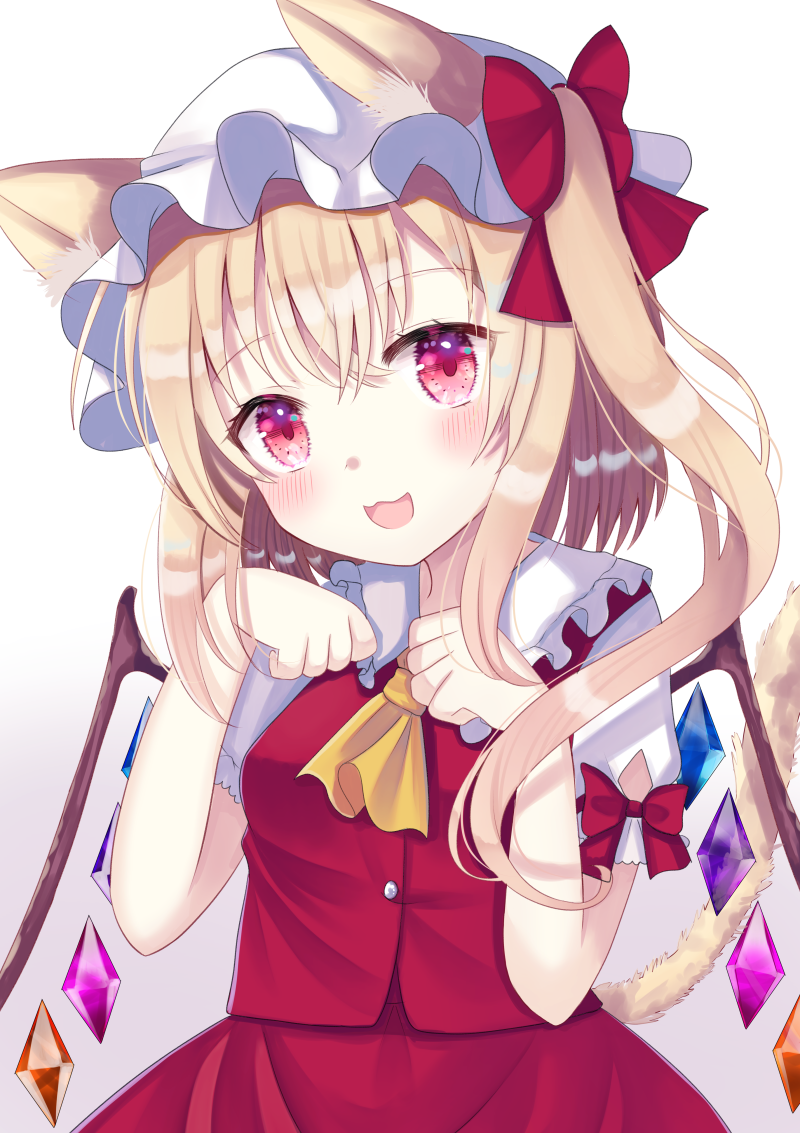 1girl animal_ear_fluff animal_ears ascot bangs blonde_hair blush cat_ears cat_tail commentary_request crystal eyebrows_visible_through_hair flandre_scarlet hat kemonomimi_mode long_hair looking_at_viewer mob_cap nibosi open_mouth paw_pose pink_eyes side_ponytail smile solo tail touhou wings yellow_neckwear