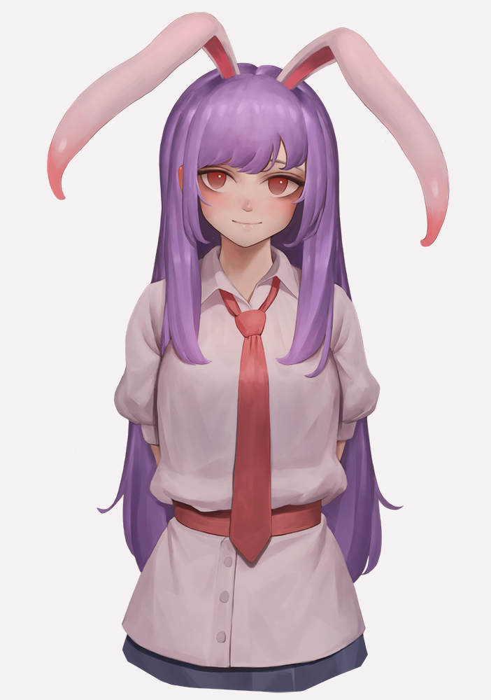 1girl animal_ears arms_behind_back bangs blush bunny_girl closed_mouth collared_shirt djjj5322 eyebrows long_hair looking_at_viewer necktie puffy_short_sleeves puffy_sleeves purple_hair rabbit_ears red_eyes red_neckwear reisen_udongein_inaba shirt short_sleeves sidelocks smile solo swept_bangs touhou very_long_hair white_shirt