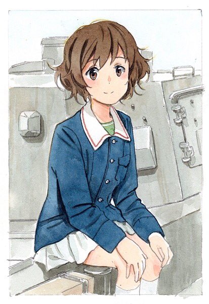 1girl akiyama_yukari bangs blue_jacket brown_eyes brown_hair closed_mouth commentary girls_und_panzer green_shirt ground_vehicle horikou jacket long_sleeves looking_at_viewer messy_hair military military_uniform military_vehicle miniskirt motor_vehicle on_vehicle ooarai_military_uniform pleated_skirt shirt short_hair sitting skirt smile socks solo tank uniform white_legwear white_skirt