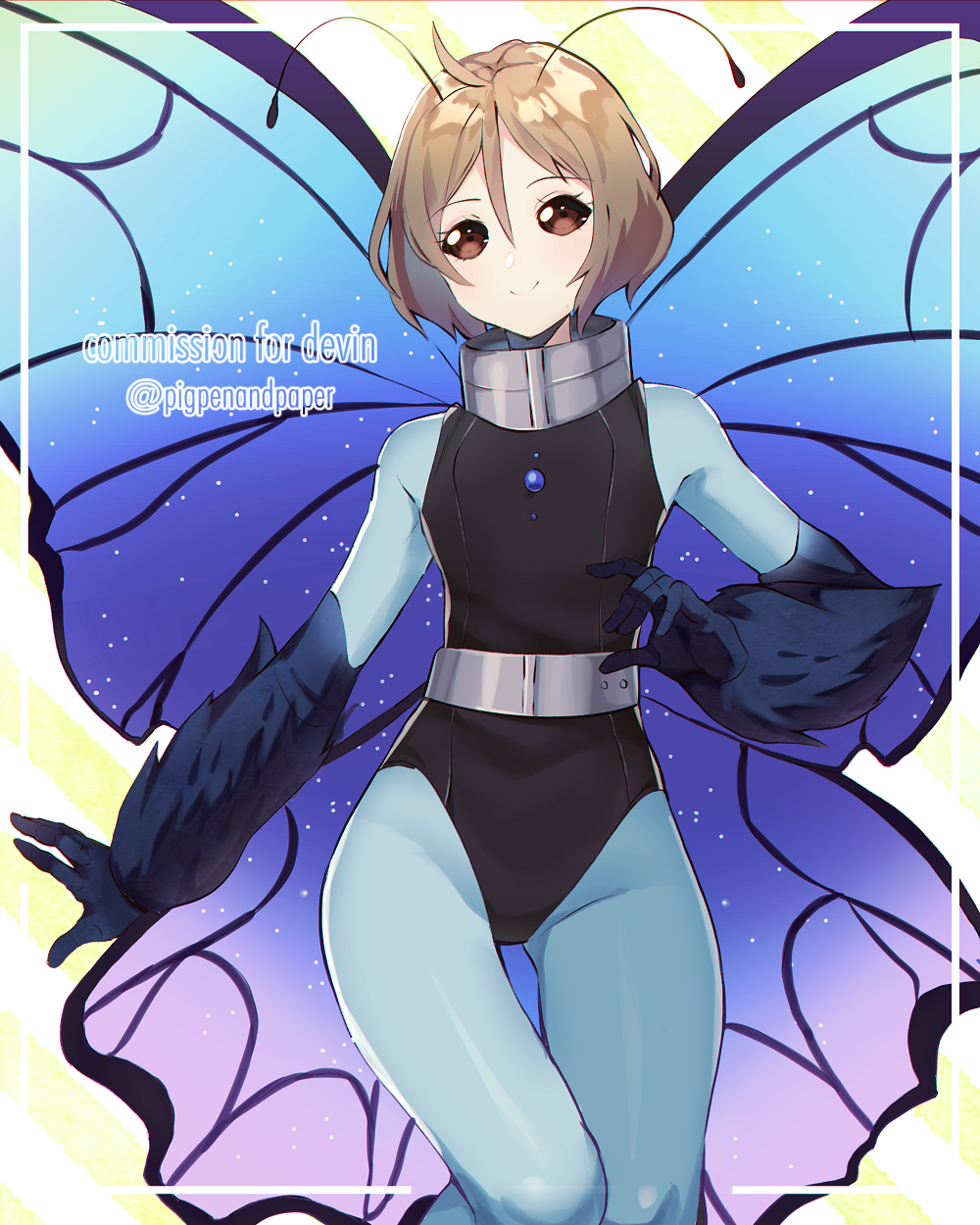 1girl antenna_hair ass_visible_through_thighs bangs black_gloves black_leotard blue_bodysuit blush bodysuit borrowed_character brown_eyes brown_hair butterfly_wings closed_mouth commission elbow_gloves eyebrows_visible_through_hair fur-trimmed_gloves fur_trim gloves hair_between_eyes highres insect_girl leotard numbers_(boars) original smile solo thigh_gap wings