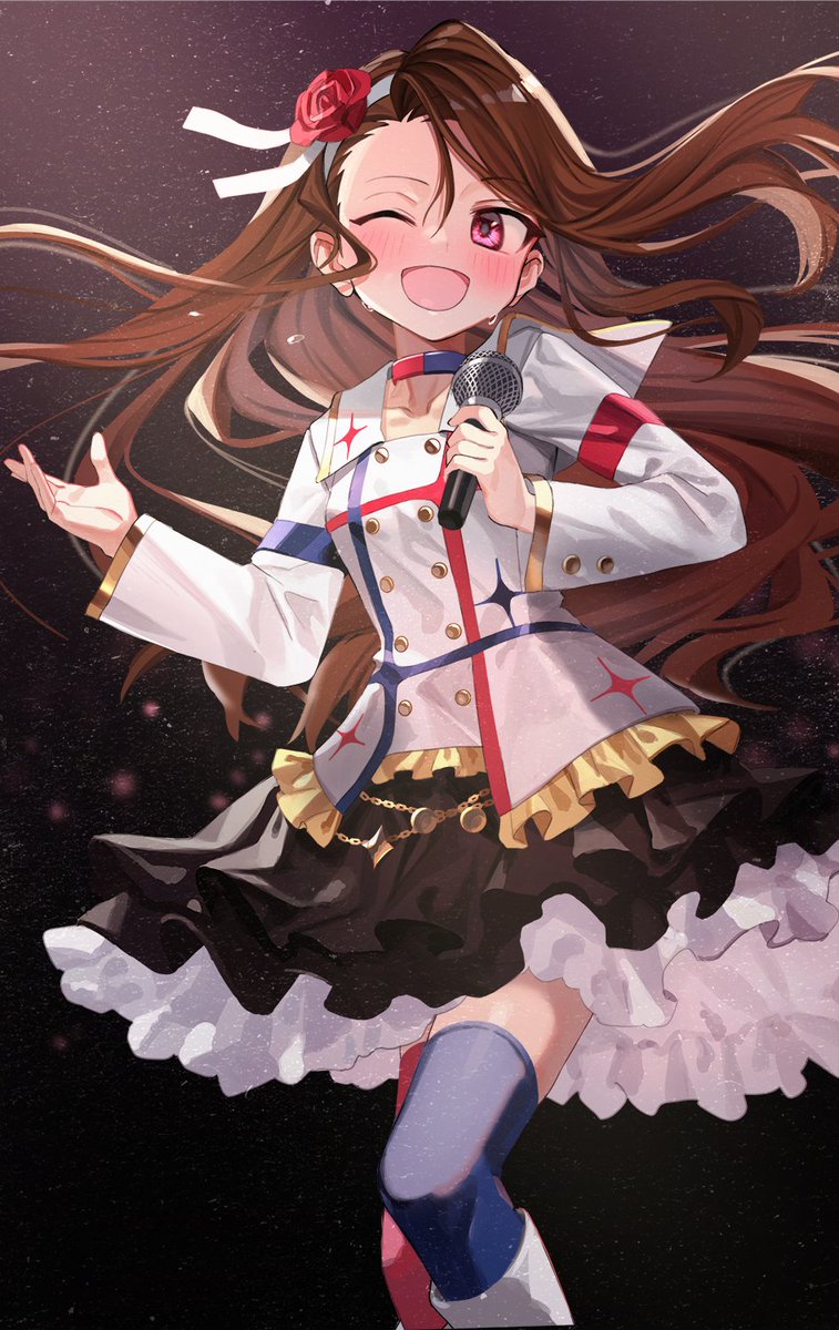 1girl blue_legwear blush boots brown_hair chain choker collarbone commentary feet_out_of_frame flower frilled_jacket frilled_skirt frills gold_chain gold_trim hair_flower hair_ornament hair_ribbon highres holding holding_microphone idolmaster idolmaster_(classic) jacket long_hair long_sleeves luicent microphone minase_iori mismatched_legwear one_eye_closed open_mouth pink_eyes red_flower red_legwear red_rose ribbon rose skirt smile solo star_(sky) starpiece_memories starry_background sweat thigh-highs white_footwear white_ribbon zettai_ryouiki