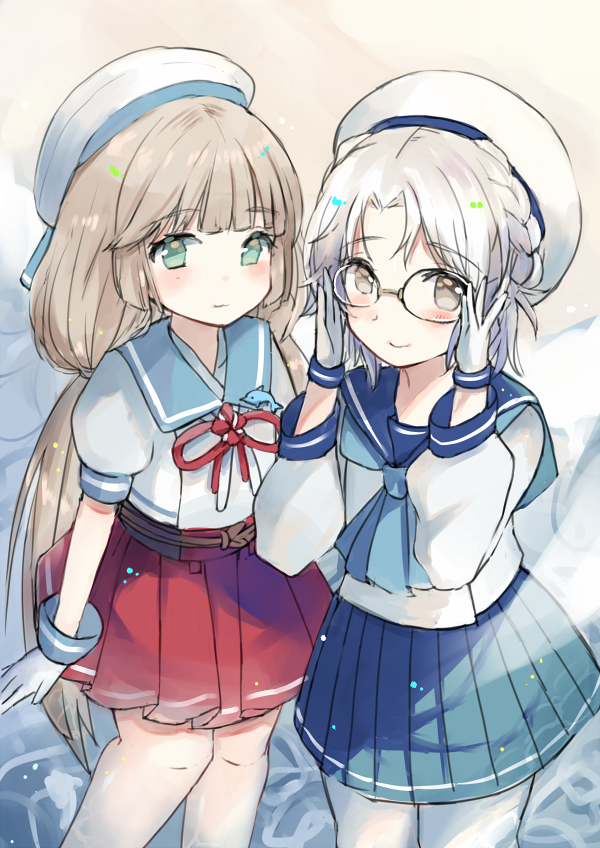 2girls aqua_neckwear bangs blue_skirt blush eyebrows_visible_through_hair glasses gloves hat hatomaru_(hatomaru56) hirato_(kantai_collection) kantai_collection light_brown_hair long_hair long_sleeves mikura_(kantai_collection) multiple_girls pleated_skirt red_neckwear red_skirt sailor_collar sailor_hat school_uniform serafuku short_hair short_sleeves silver_hair skirt smile twintails white_gloves white_headwear