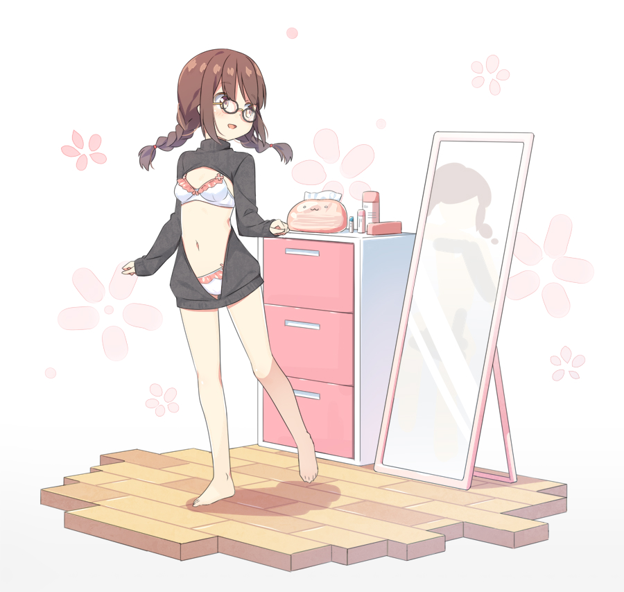 1girl :d bangs barefoot black-framed_eyewear black_sweater blush bow bow_panties braid breasts brown_hair chinese_commentary commentary_request eyebrows_visible_through_hair glasses hatsunatsu long_hair long_sleeves looking_at_mirror looking_away looking_back low_twintails mirror navel open_mouth original panties reflection sleeves_past_wrists small_breasts smile solo standing standing_on_one_leg sweater twin_braids twintails underwear white_panties